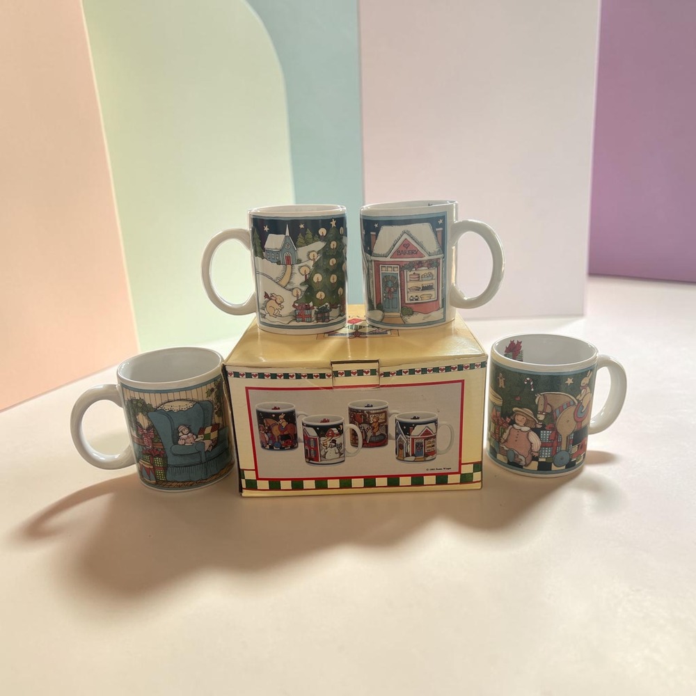 Susan Winget Christmas Mug Set 4 Vintage Holiday Ceramic Coffee Cups Village Box
